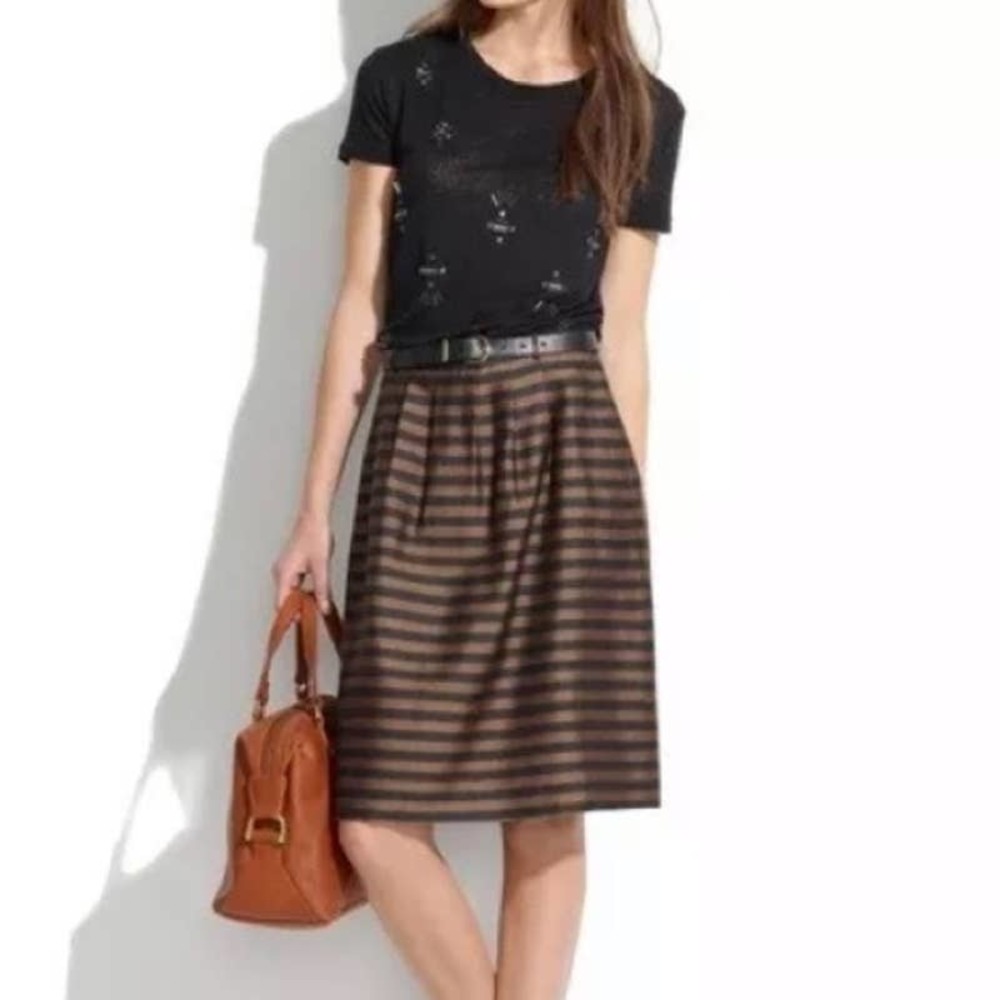 Madewell Striped Skirt 0 A Line Pleated Knee Length Linen Silk Brown Black 08334